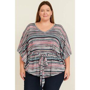 Lane Bryant Top 14/16 Surplice V-Neck Belted Pink Blue Striped NWT